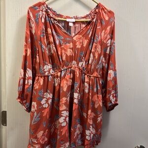 Isabel Maternity Burnt Orange Floral V-Neck Tunic Top Women's Size Sm